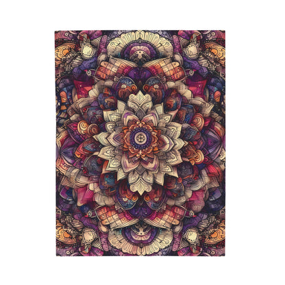 Velveteen Plush Autumn Blanket - Boho Mandala with Red, Purple, and Creme