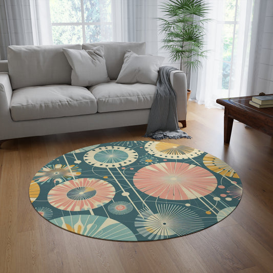 Round 60" x 60" Rug - Retro Dandelions Over Dark Teal