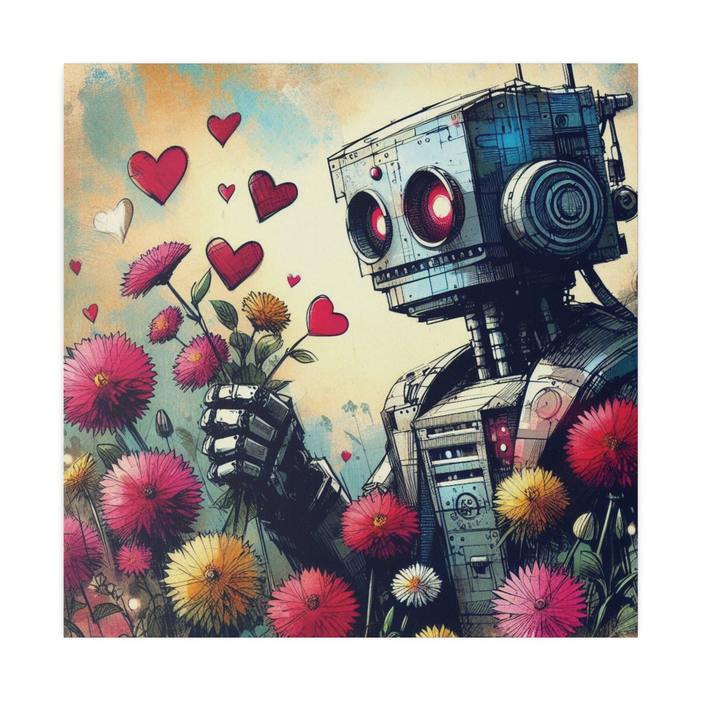 Canvas Print, Retro-Futuristic Robot in Wildflowers, Graphic Novel Style, Comic Book Art, Matte Stretched Vibrant Wall Art