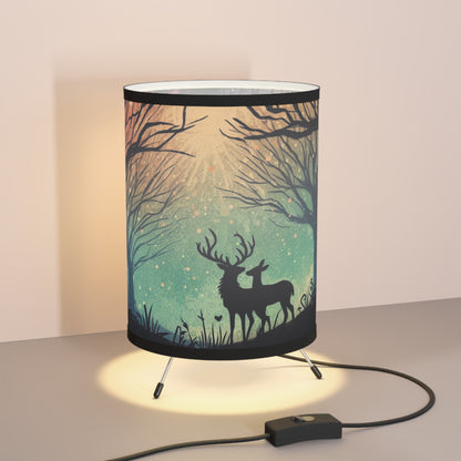 Tripod Table Lamp - Silhouetted Doe and Stag in Forest