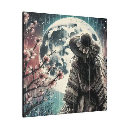 Mystical Free-Spirited Woman & Full Moon Canvas Print - Spring Cherry Blossoms, Pink and Blue Hues