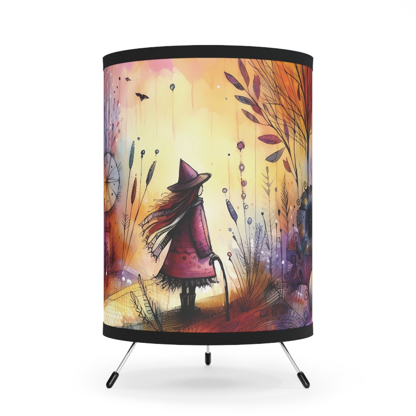 Tripod Lamp - Autumn Whimsical Witch on Golden Path