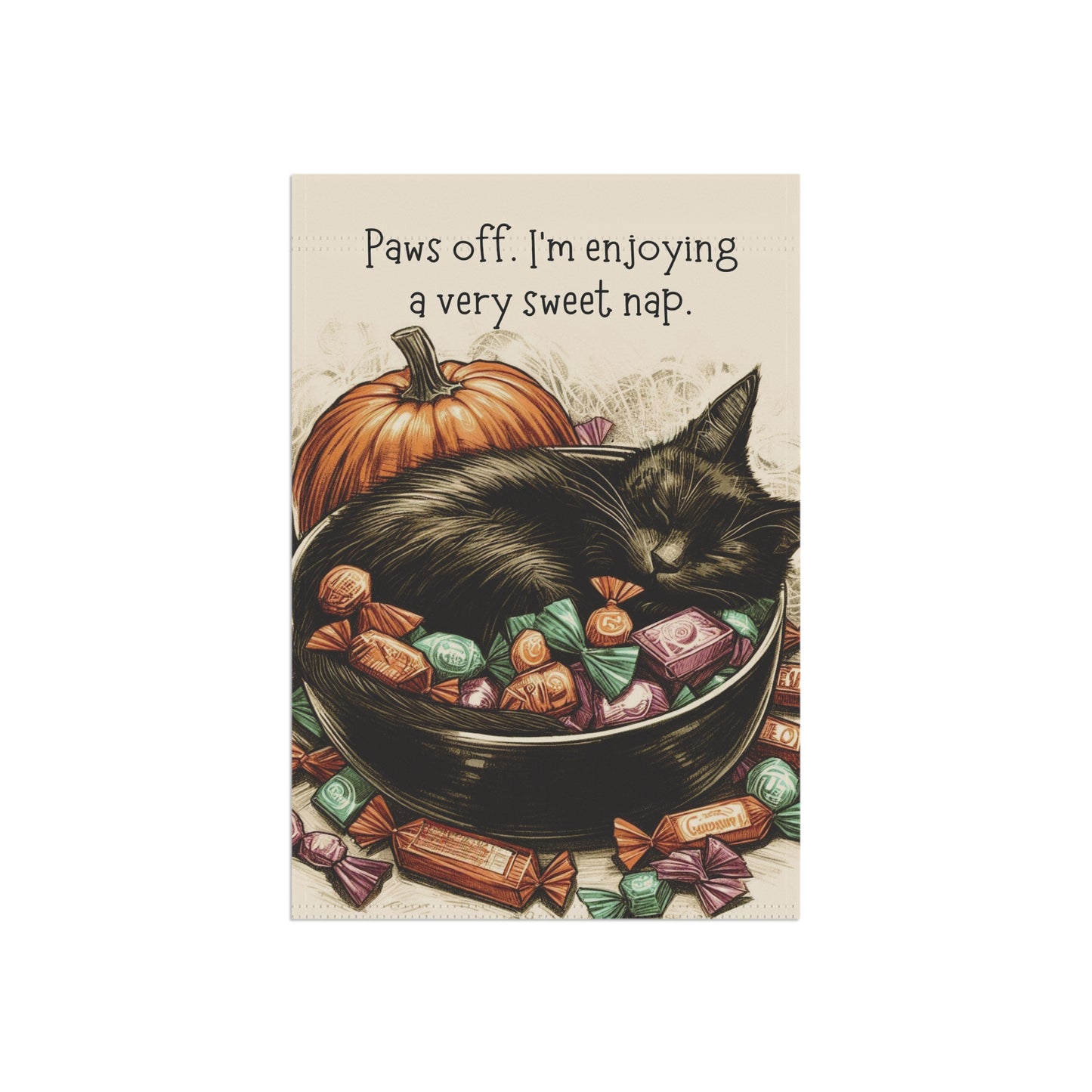 Halloween Yard Flag - Black Cat Napping in Candy Bowl - Outdoor Garden Flag - Cute Halloween Decor for Yard, Garden, or Porch