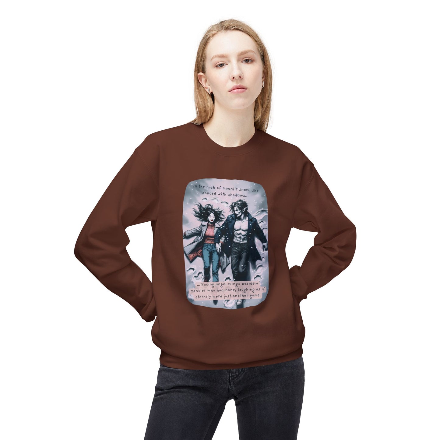 Snow Angels and Shadows (Beautiful Monsters Collection) - Unisex Midweight Softstyle Fleece Crewneck Sweatshirt, Multiple Colors Available