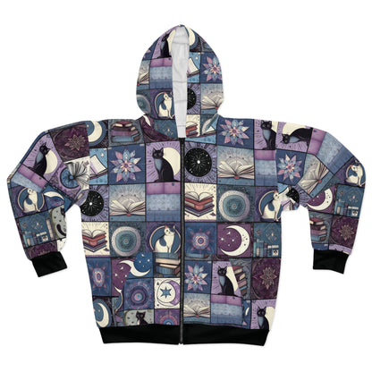 Cozy Cats, Books, & Moons Patchwork Zip Hoodie - Fleece Jacket for Book Lovers, Cat Lovers, & Librarians