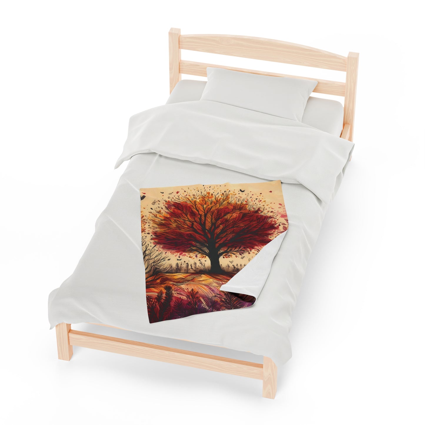 Velveteen Plush Autumn Blanket - Vibrant Tree on a Hill