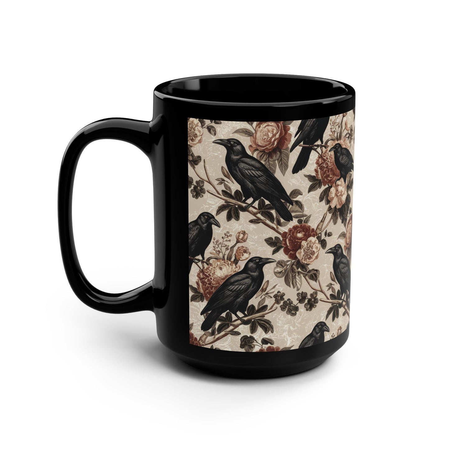 Floral Raven Mug, 15oz Black Mug, Perfect Gift for Halloween, Coffee Lovers, Home Decor, Gothic Style, Unique Present