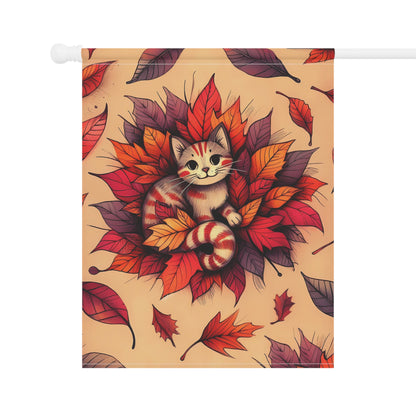 Porch or Yard Flag / Garden Banner - Whimsical Autumn Kitty in Leaves