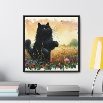 Playful Black Long-Haired Cat Floral Field, Gallery-Wrapped Canvas - Cat Lover Gift, Decor for Child's Room or Nursery