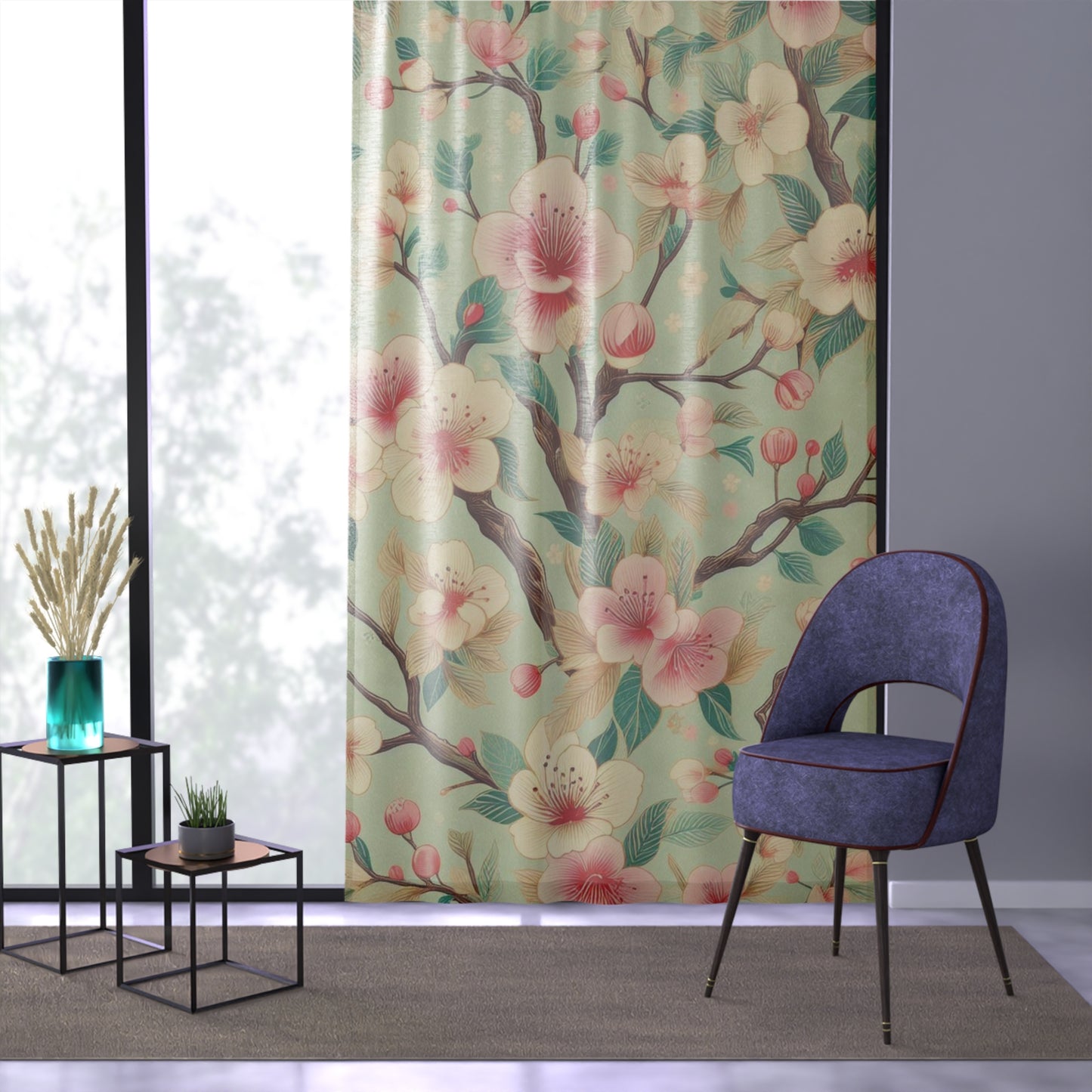 Retro Cherry Blossom Sheer Curtain - Teal, Pink, and Brown Floral Design - 50" × 84" Panel - Fun & Stylish Window Treatment