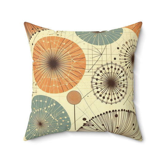 Retro Dandelion Pattern Faux Suede Throw Pillow - Square Accent Pillow with Vintage Teal and Orange Hues - Soft Granny Chic Decor