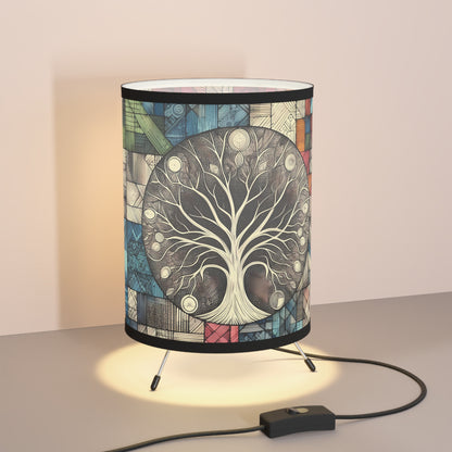 Tree of Life Patchwork Tripod Lamp - Soft Light Table or Desk Lamp with Sketched Tree Surrounded by Rainbow Colors