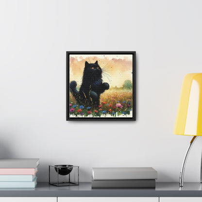 Playful Black Long-Haired Cat Floral Field, Gallery-Wrapped Canvas - Cat Lover Gift, Decor for Child's Room or Nursery