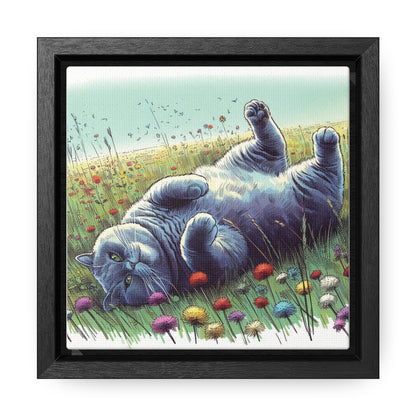 Gray Cat Lounging in Floral Field Gallery-Wrapped Canvas - Cat Lover Gift, Decor for Child's Room or Nursery, Storybook Style Art