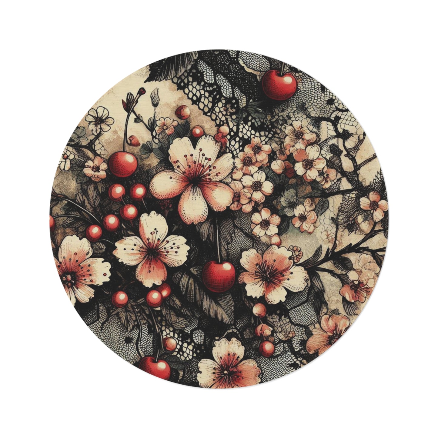 Round Rug - Blooms, Cherries, and Black Lace