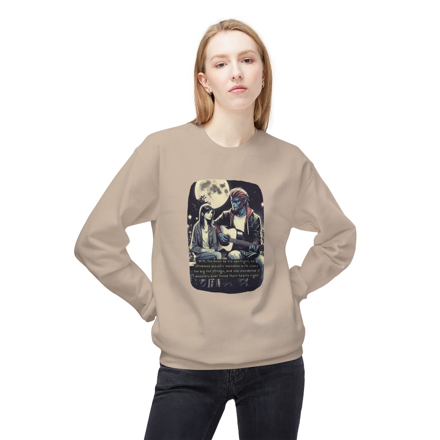 Tune Under the Moon (Beautiful Monsters Collection) - Unisex Midweight Softstyle Fleece Crewneck Sweatshirt, Multiple Colors Available