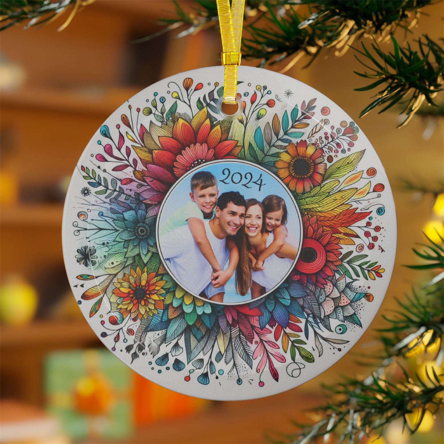 Personalized Light-Catching Glass Ornament - Custom Photo and Year - Floral Rainbow Burst Design, Great for Family, Kid, Pet Photos