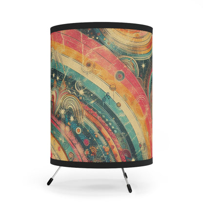 Retro Rainbow Table Lamp - Whimsical Swirly Stripes with Grunge Overlay and Celestial Background - For Office, Kid's Room, Living Space