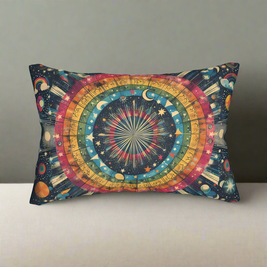 Lumbar Pillow - Cosmic Rainbow Circles, Celestial Statement Piece