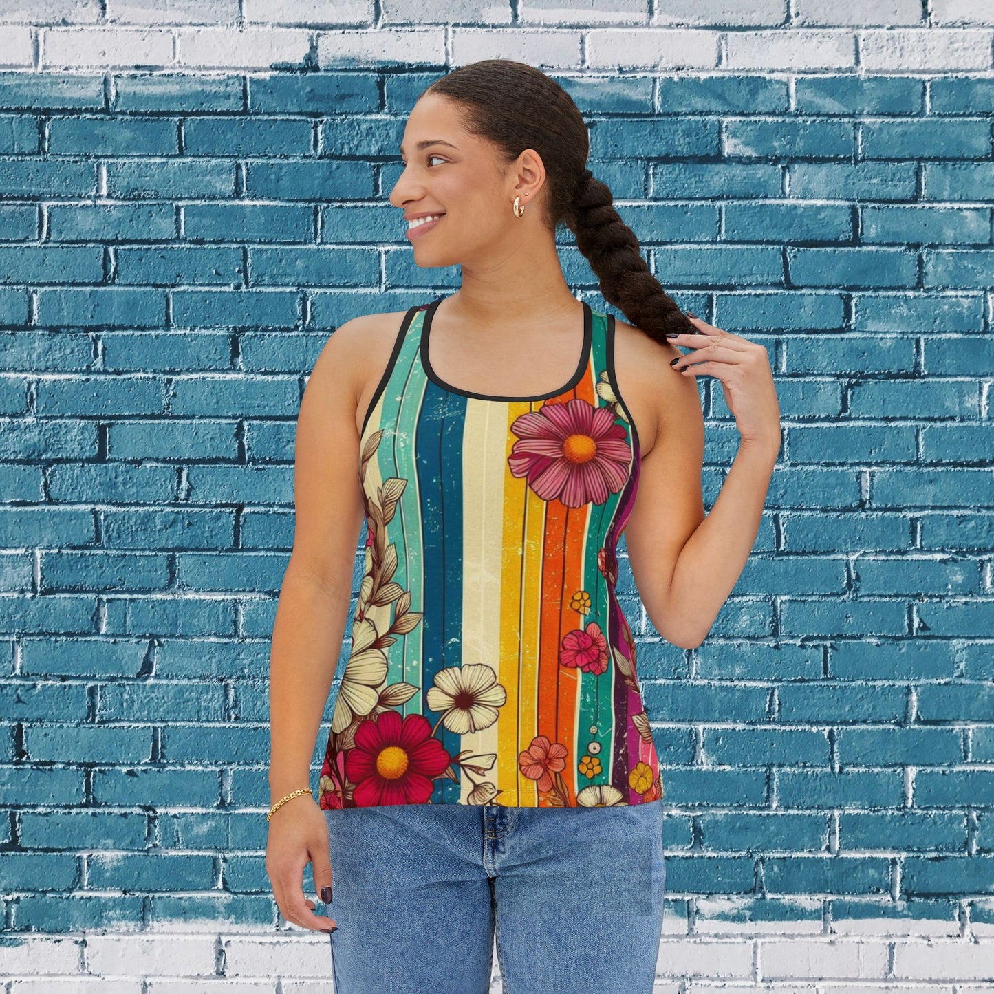 Racerback Tank Top - 70s Style Bold Stripes and Wildflowers