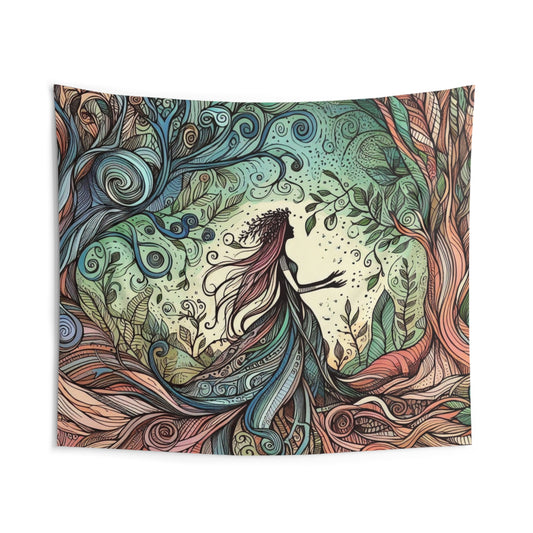 Tapestry - Surreal Forest Goddess Silhouette with Colorful Windy Roots