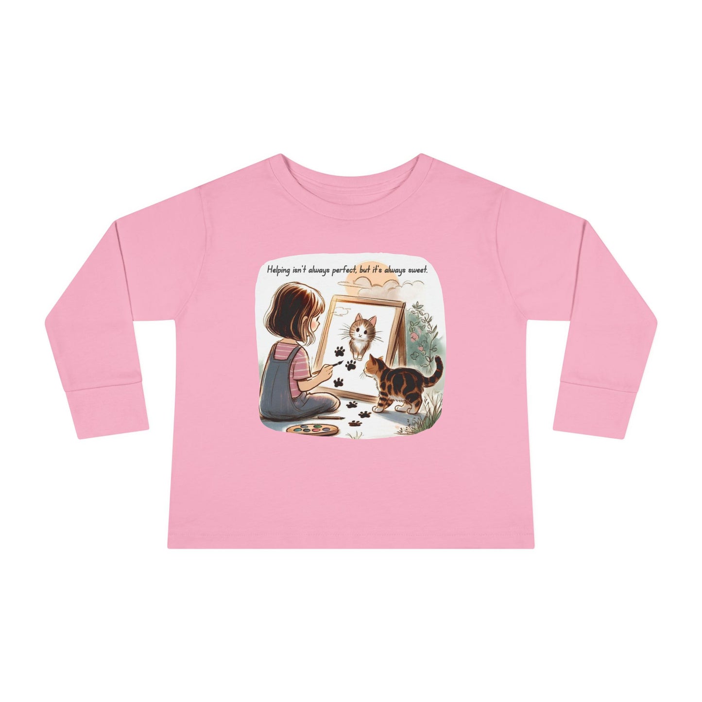 Toddler Long Sleeve Tee - Whimsical Cat Portrait Shirt for Kids, Playful Artistic Unisex Top, Soft