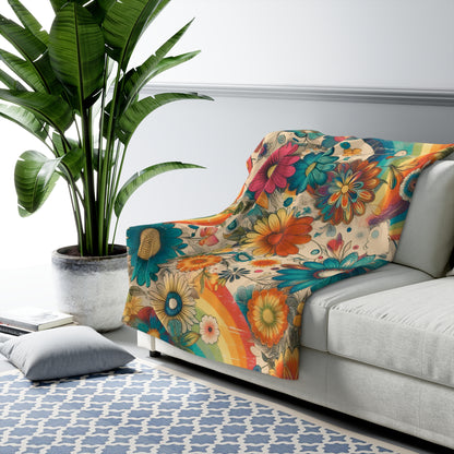 Retro Rainbow Sherpa Fleece Blanket - Whimsical Vintage Flower Design - Great for Living Rooms, Bedding, Outdoor Events, Nurseries