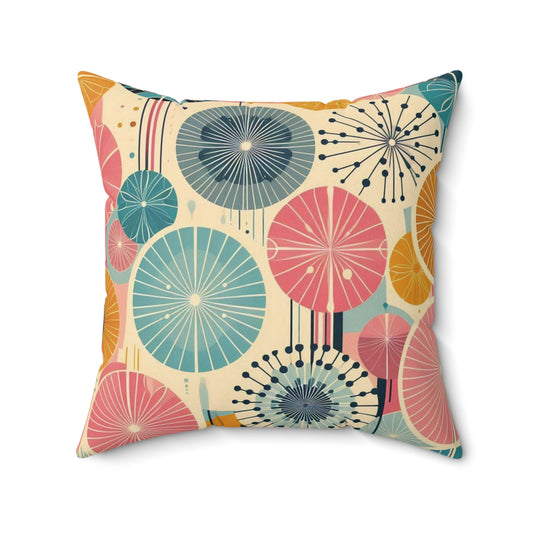 Retro 50s Dandelion Pattern Faux Suede Throw Pillow - Pink, Teal, & Navy - Soft Square Pillow for Kids Room, Living Room, Office