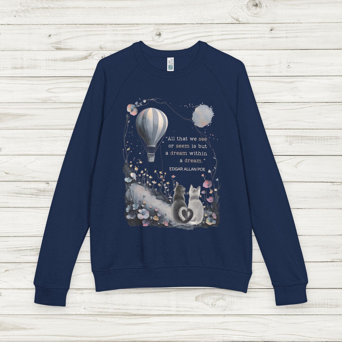 Dream Within a Dream Cat Sweatshirt, Edgar Allan Poe Quote, Whimsical Surreal French Terry Pullover in Navy, Black, or Charcoal