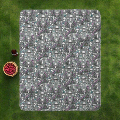 Sherpa Fleece Blanket -  Woodland Mushrooms & Purple Florals, Enchanted Cozy Cottagecore Vibes