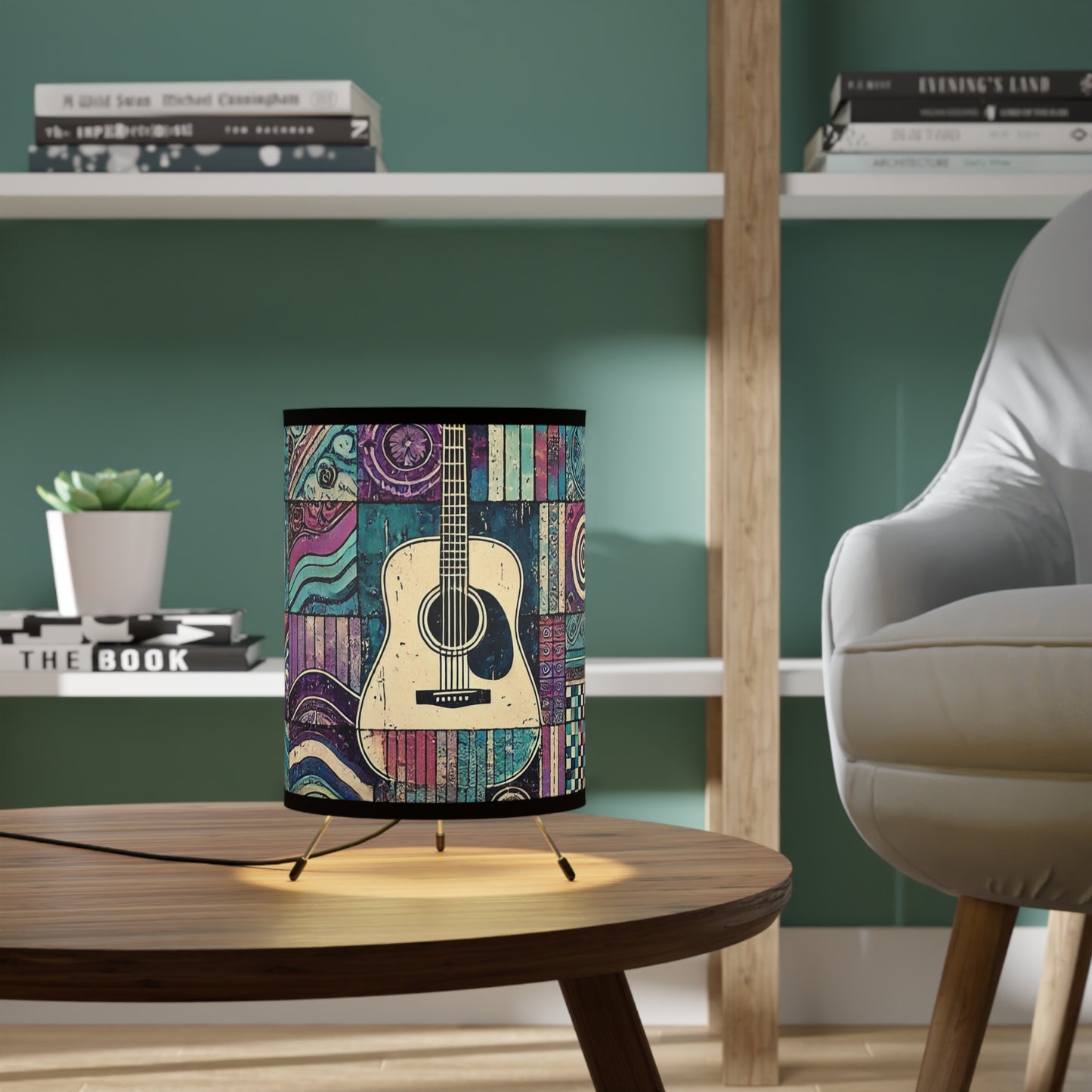 Tripod Table Lamp - Boho Guitar Patchwork in Purple and Blue