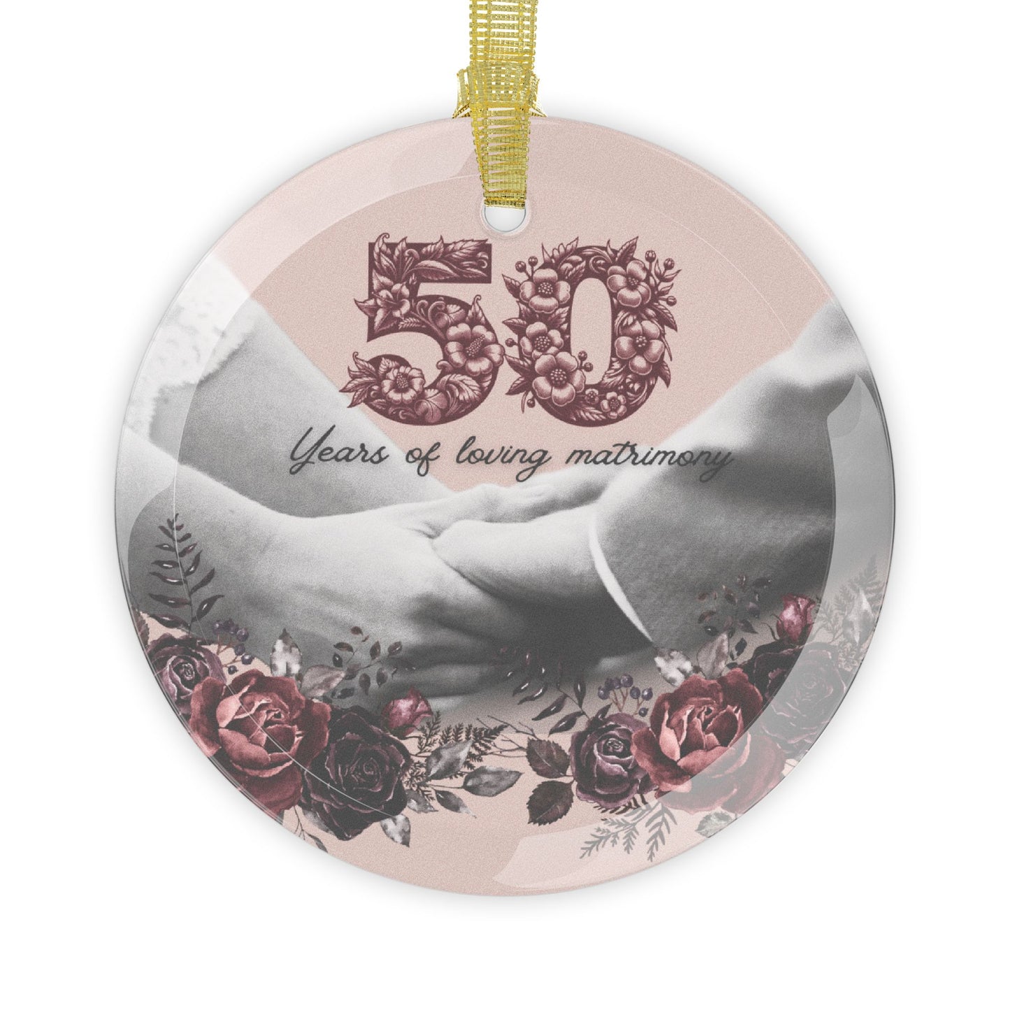 Personalized Glass Anniversary Ornament with Custom Year + Photo of Couple -  Vintage Victorian Rose