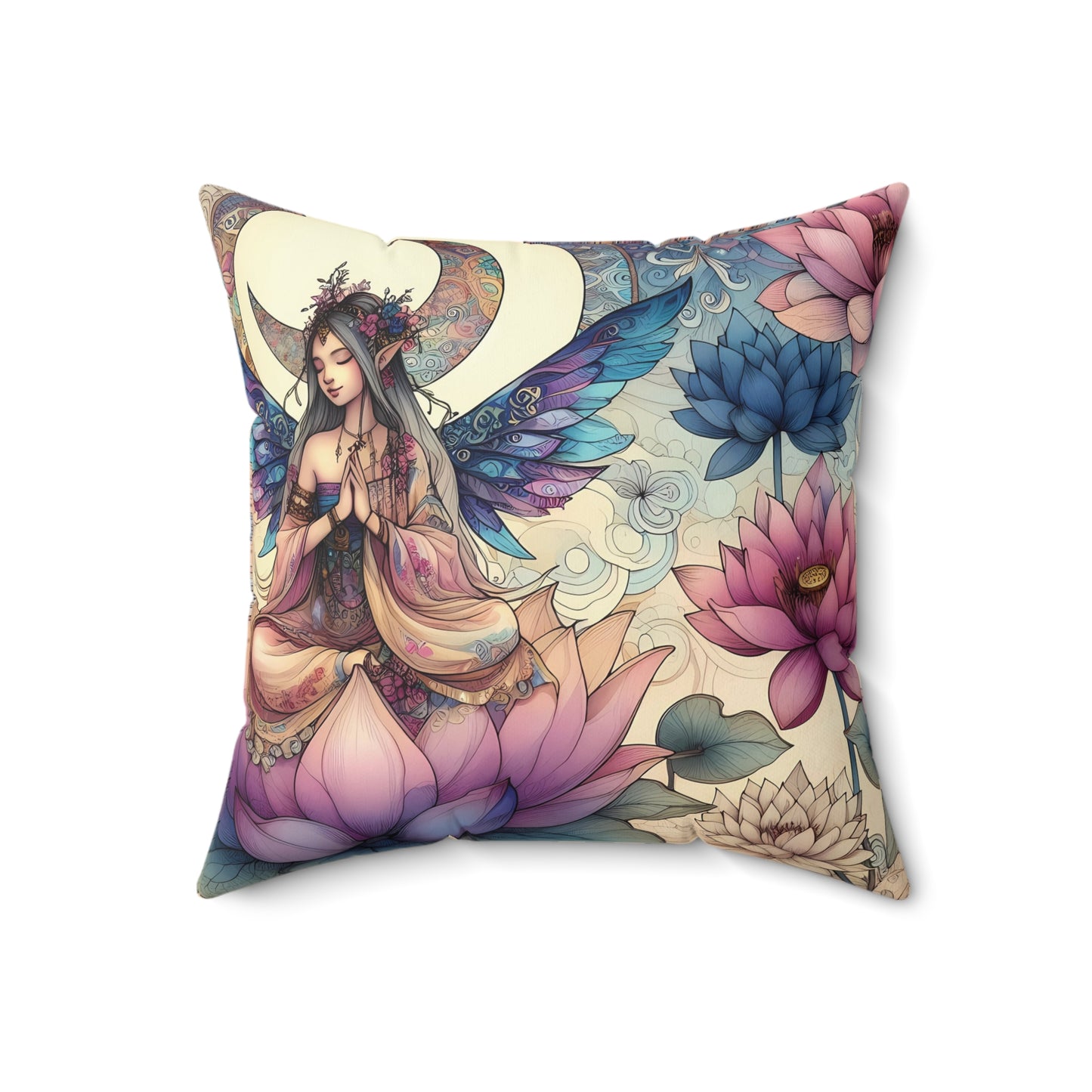 Square Pillow - Celestial Lotus Fairy with Pink, Blue, and Creme Hues