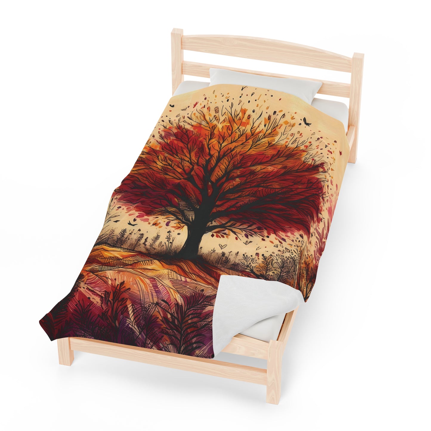 Velveteen Plush Autumn Blanket - Vibrant Tree on a Hill