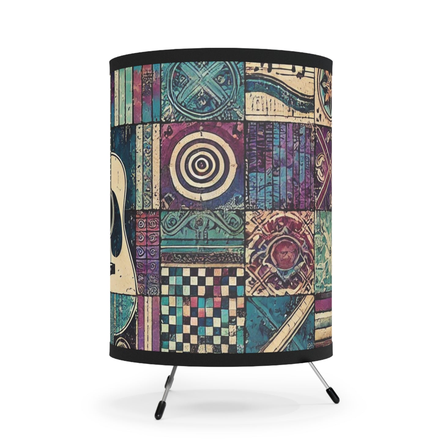 Tripod Table Lamp - Boho Guitar Patchwork in Purple and Blue