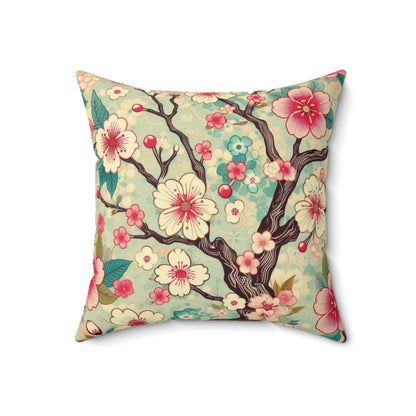 Retro Cherry Blossom Faux Suede Pillow - Bright Pink & Teal Decorative Throw Pillow - Soft Accent Pillow for Sofa, Bed, Lounge