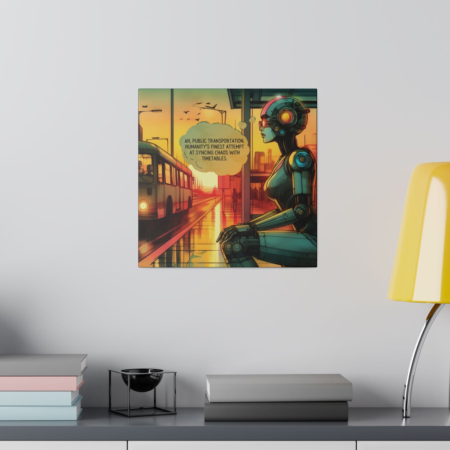 Funny Canvas Print - Retro Sci-Fi Robot Bus Stop Graphic Novel Art, Watercolor Style, Sunset, Moody, Futuristic, Matte Wall Art, Stretched Canvas