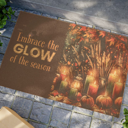 Glow of the Season Autumn Doormat - Fall Leaves, Pumpkins & Candlelight - Serene Outdoor Mat for Fall Decor