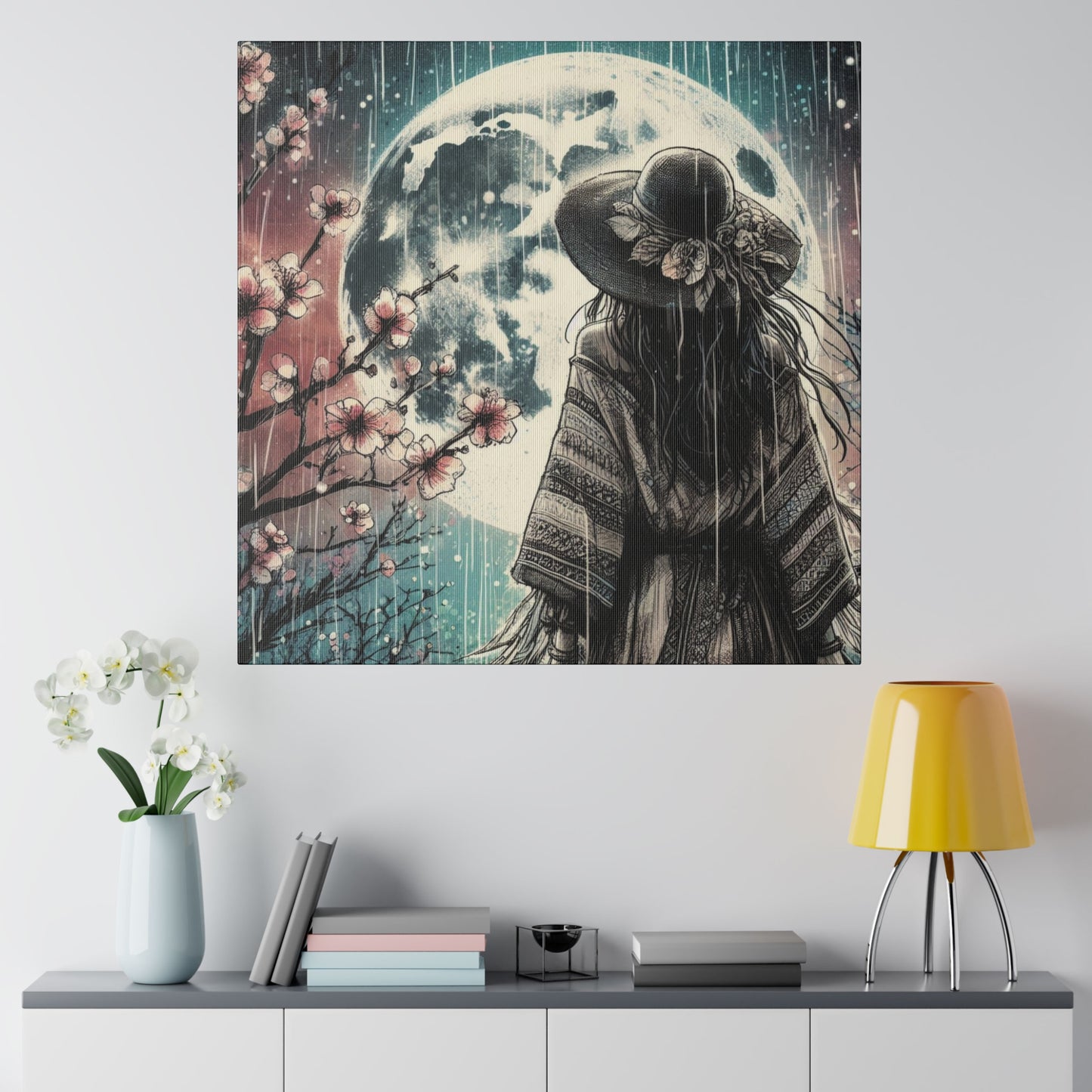 Mystical Free-Spirited Woman & Full Moon Canvas Print - Spring Cherry Blossoms, Pink and Blue Hues