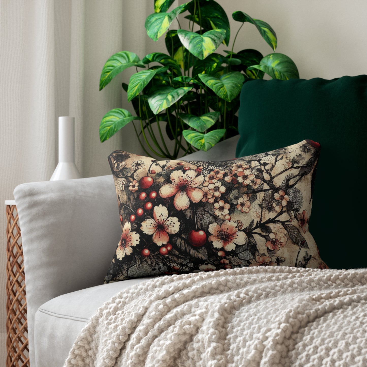 Lumbar Pillow - Blooms, Cherries, and Black Lace