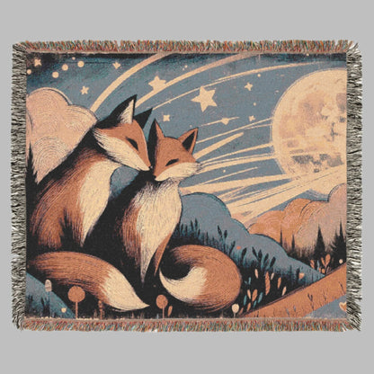 Woven Blanket - Storybook Foxes Under a Full Moon