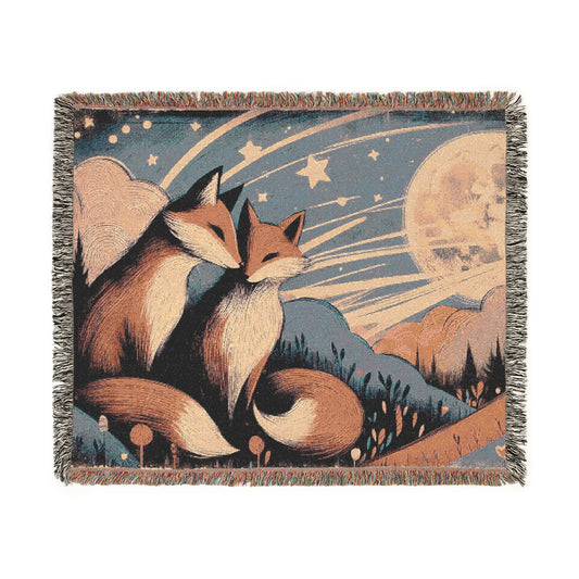 Woven Blanket - Storybook Foxes Under a Full Moon