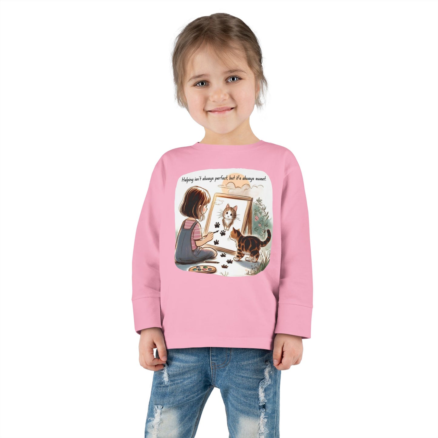 Toddler Long Sleeve Tee - Whimsical Cat Portrait Shirt for Kids, Playful Artistic Unisex Top, Soft