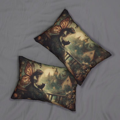 Lumbar Pillow - Moody Enchanting Scene with Victorian Fairy & Cat