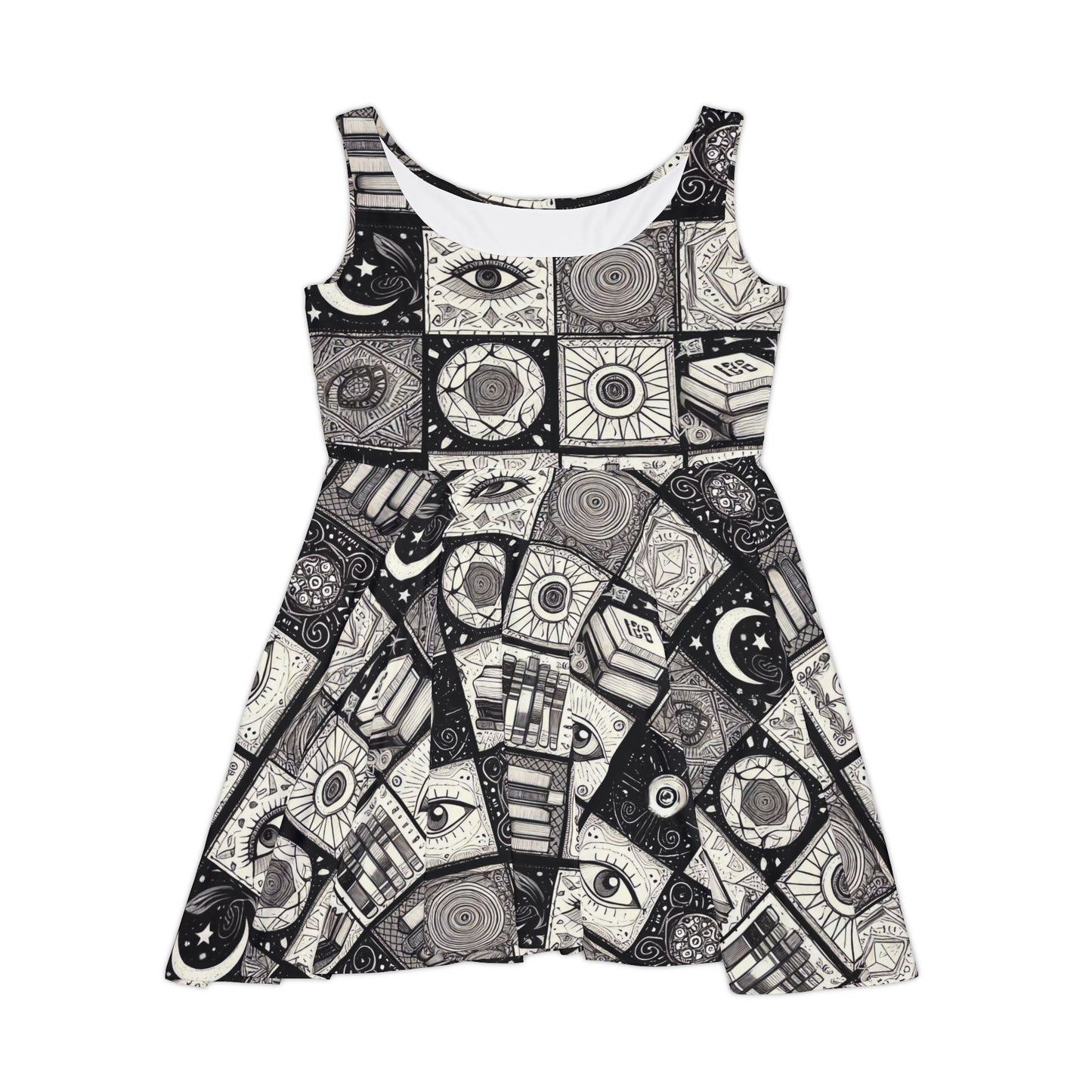 Esoterica Patchwork Dress - Black & White Mystical Pattern with Celestial, Books, and Eye Imagery