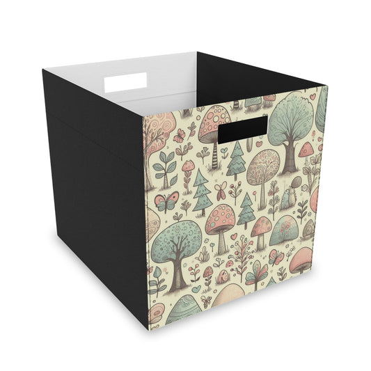 Decorative Felt Storage Box - Retro, Playful Tree and Mushroom Design - 14.5" x 13" Box for Modular or Standalone