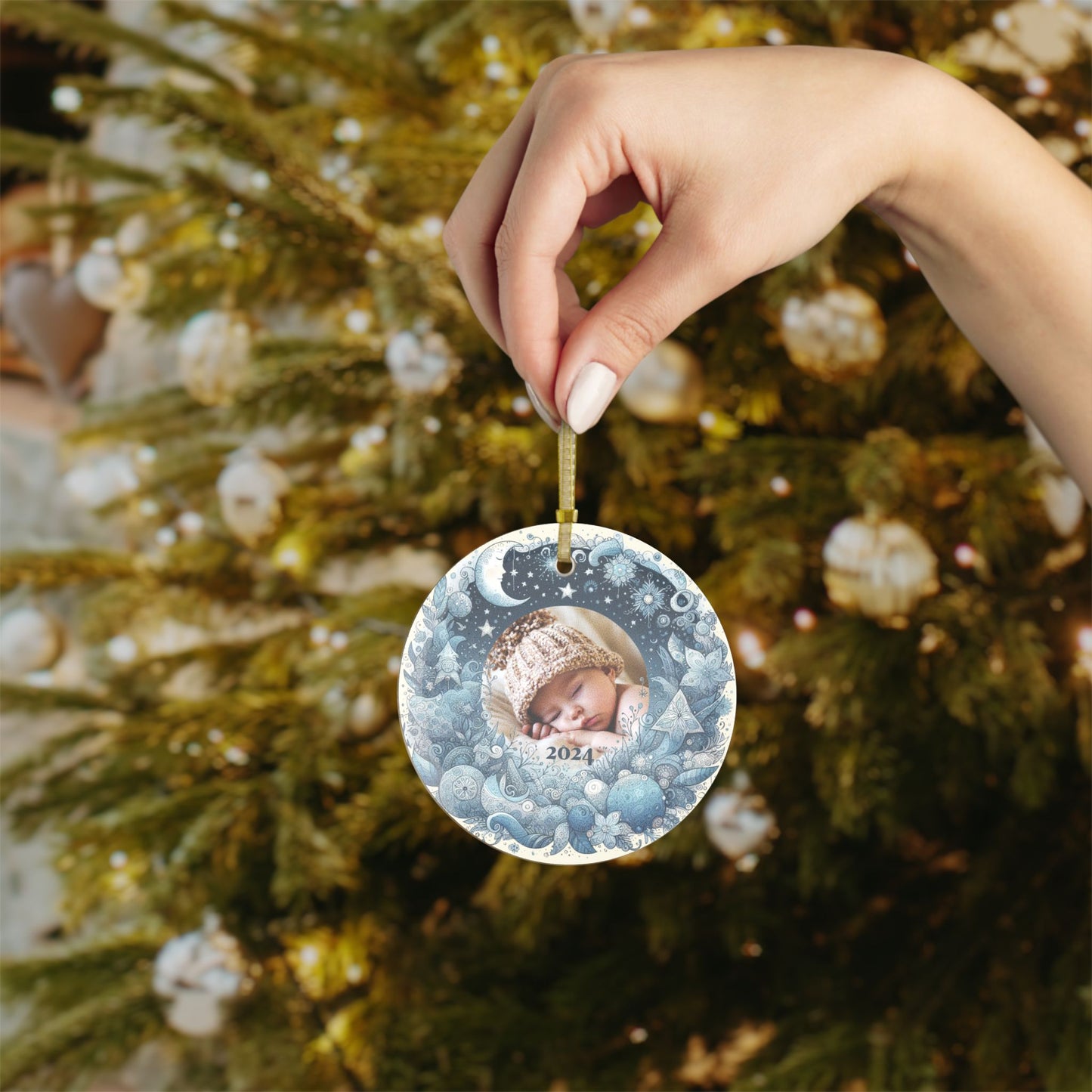 Sweet Winter Dreams Glass Christmas Ornament with Custom Photo and Year - Dreamy Blue Design, Great for Photos of Kids, Babies, Pets, Family