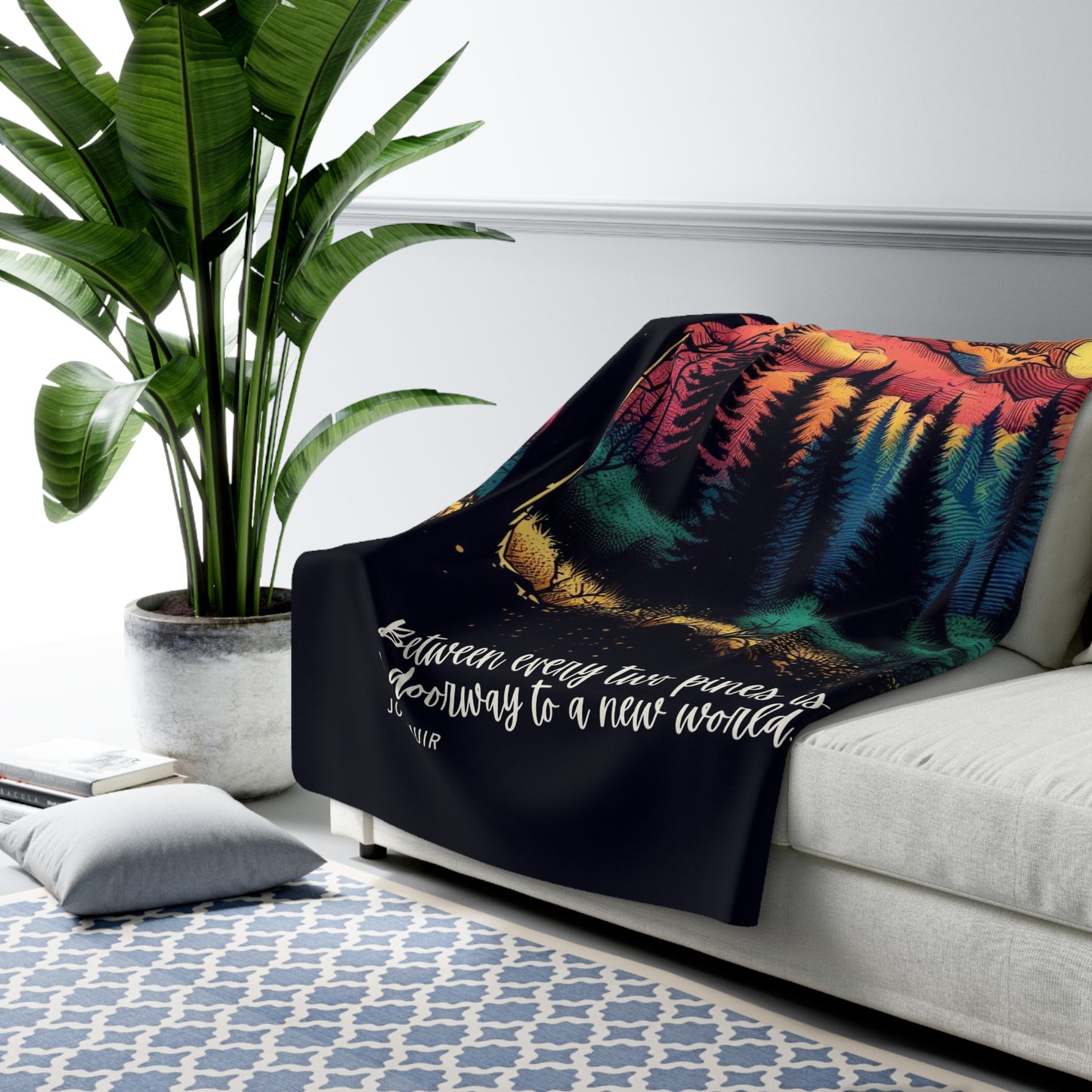 Sherpa Fleece Blanket - Silhouetted Trees and Vibrant Sunrise Design with John Muir Quote, Great Gift for Nature and Outdoor Lovers