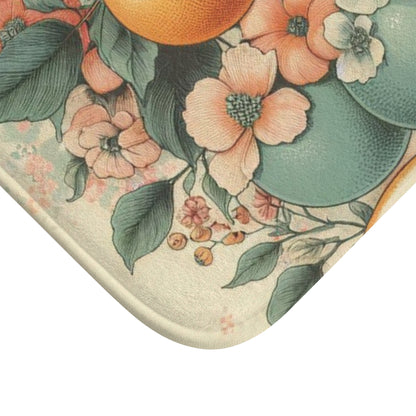 Granny Chic Citrus Bouquet Bath Mat - Fun Retro Grapefruit & Orange Floral Print - Anti-Slip Backing - 100% Microfiber