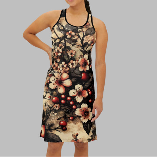 Racerback Dress - Blooms, Cherries, and Black Lace